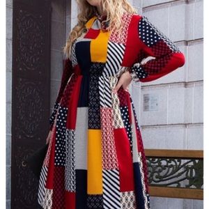 SHEIN PATCHWORK VIVID  WITH STRETCH ALL DAY   LONG SLEEVE NECK TIE DRESS